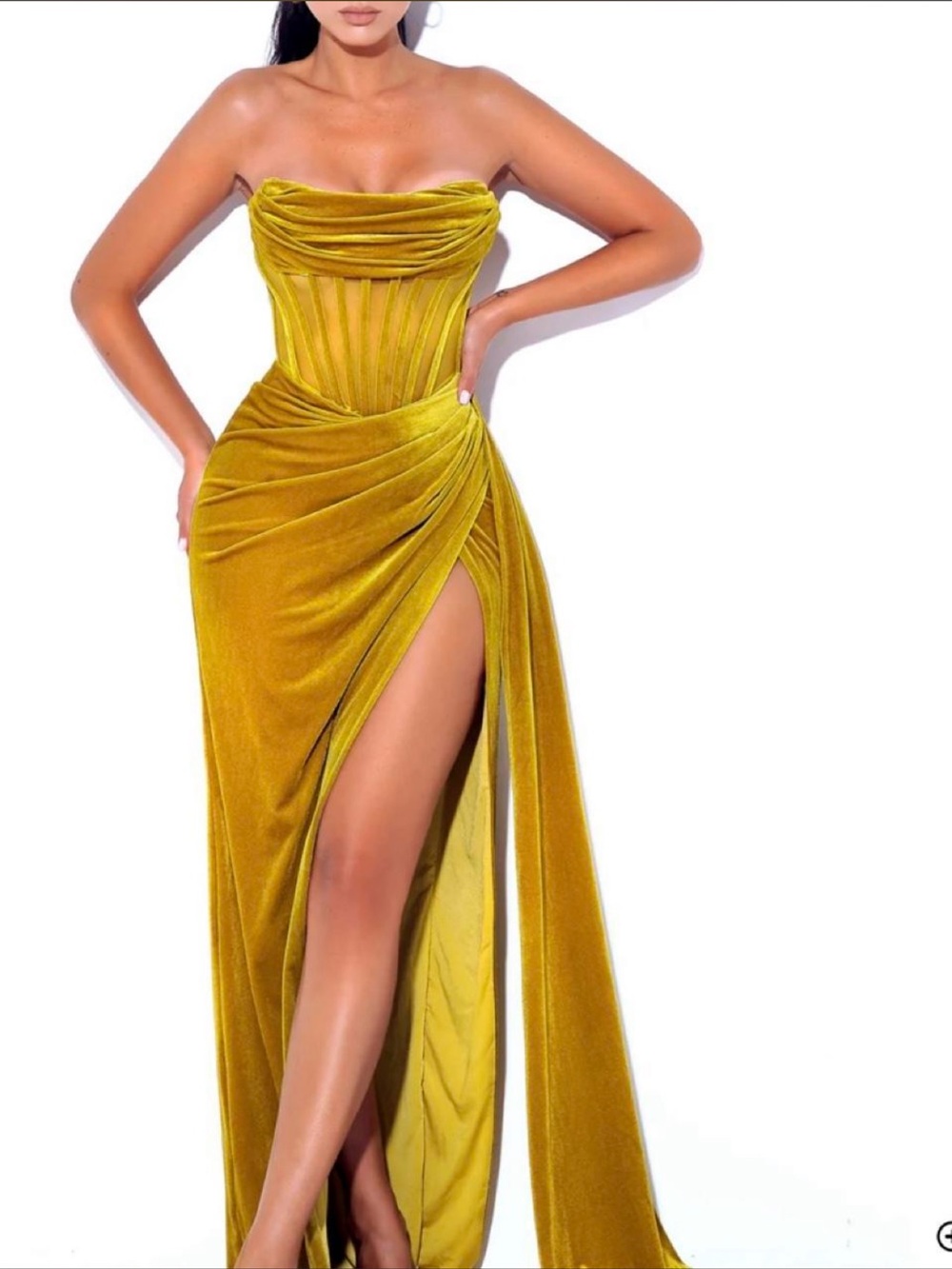 Strapless Velvet High-Slit Evening Gown in Olive Gold